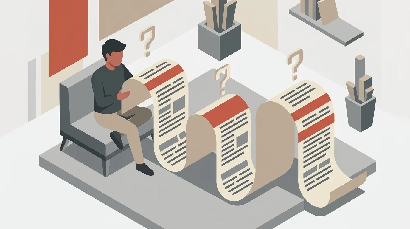 Ilustração vetorial isométrica de um homem sentado em um sofá lendo um pergaminho impresso extremamente longo que se dobra em ondas pela sala. Símbolos de pontos de interrogação flutuam sobre as dobras do papel, indicando dúvidas nas seções do texto. A cena utiliza uma paleta de tons terracota, bege e cinza.