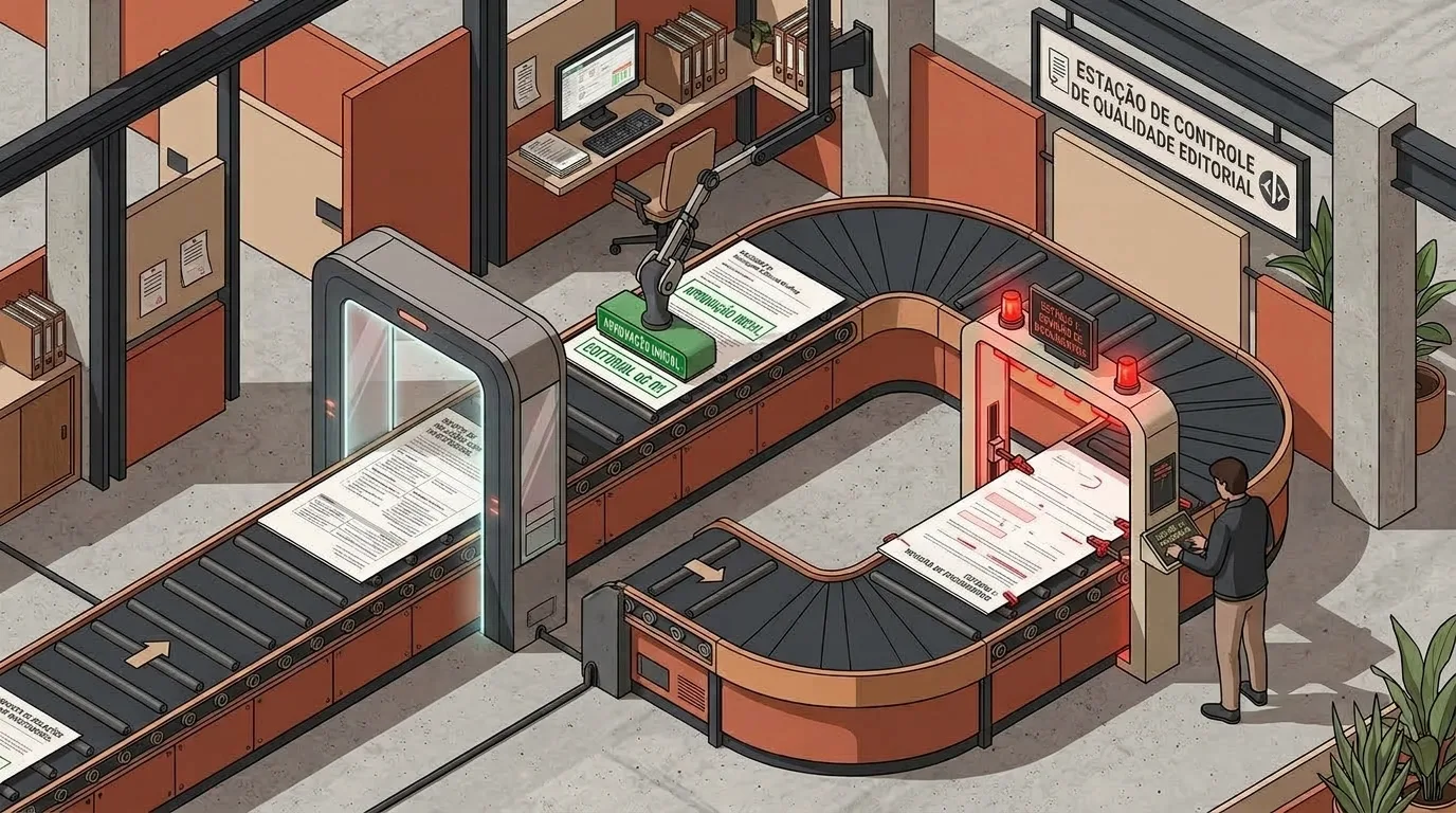 Ilustração isométrica de uma "ESTAÇÃO DE CONTROLE DE QUALIDADE EDITORIAL" com uma esteira rolante em circuito fechado. À direita, um analista opera um terminal de revisão num pórtico com luzes vermelhas de verificação. À esquerda, os documentos aprovados atravessam um scanner de validação e recebem carimbos verdes de conformidade editorial.