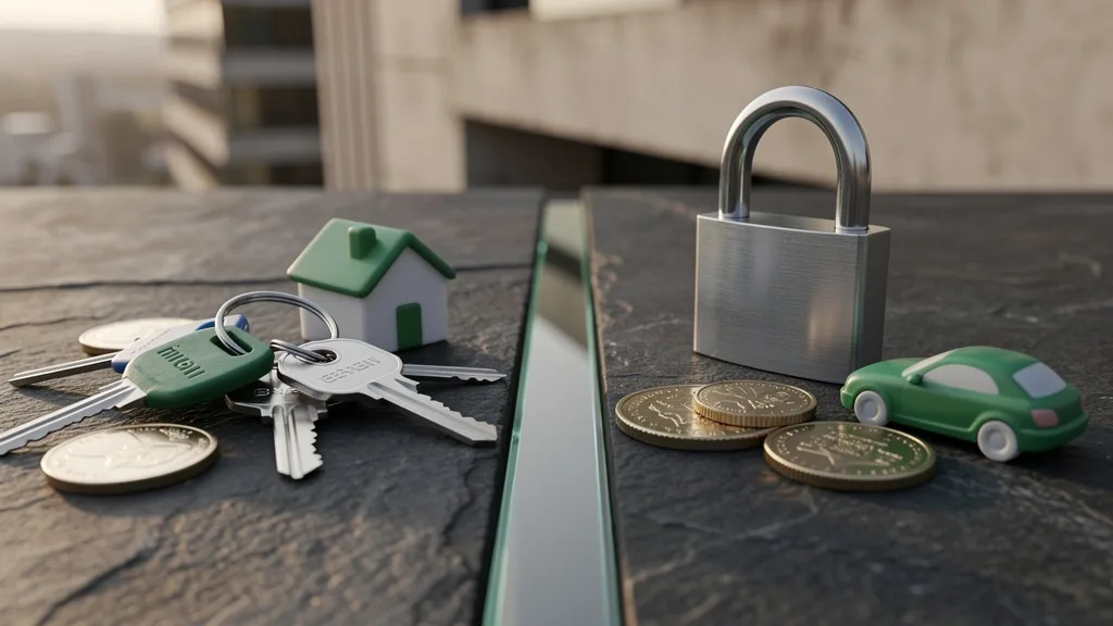 Chaves metálicas, moedas e miniaturas de casa e carro organizadas junto a um cadeado