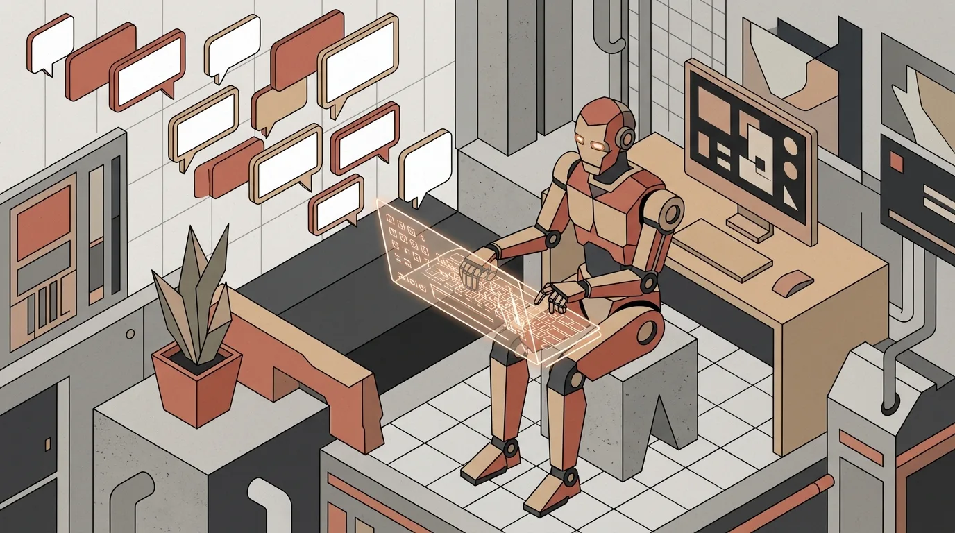 Ilustração vetorial isométrica de um robô humanoide nas cores terracota e cinza, sentado em um banco geométrico enquanto digita em um teclado holográfico alaranjado flutuante. Do lado esquerdo, diversos balões de diálogo vazios flutuam em sequência no ar. À direita, observa-se uma bancada de trabalho com monitor exibindo layouts visuais e um vaso de planta ao lado.
