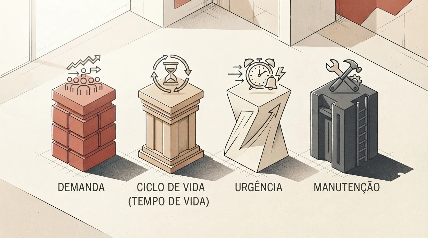 Ilustração vetorial isométrica apresentando quatro pedestais arquitetônicos alinhados em um ambiente claro, cada um representando um pilar estratégico: DEMANDA: pedestal de tijolos terracota encimado por um ícone de grupo de pessoas e setas de crescimento. CICLO DE VIDA (TEMPO DE VIDA): coluna clássica bege com ícone de ampulheta cercada por setas de ciclo contínuo. URGÊNCIA: pilar moderno retorcido branco com ícone de despertador tocando entre raios. MANUTENÇÃO: pilar industrial cinza-escuro com escada metálica, encimado pelo ícone de chave inglesa, martelo e engrenagem.