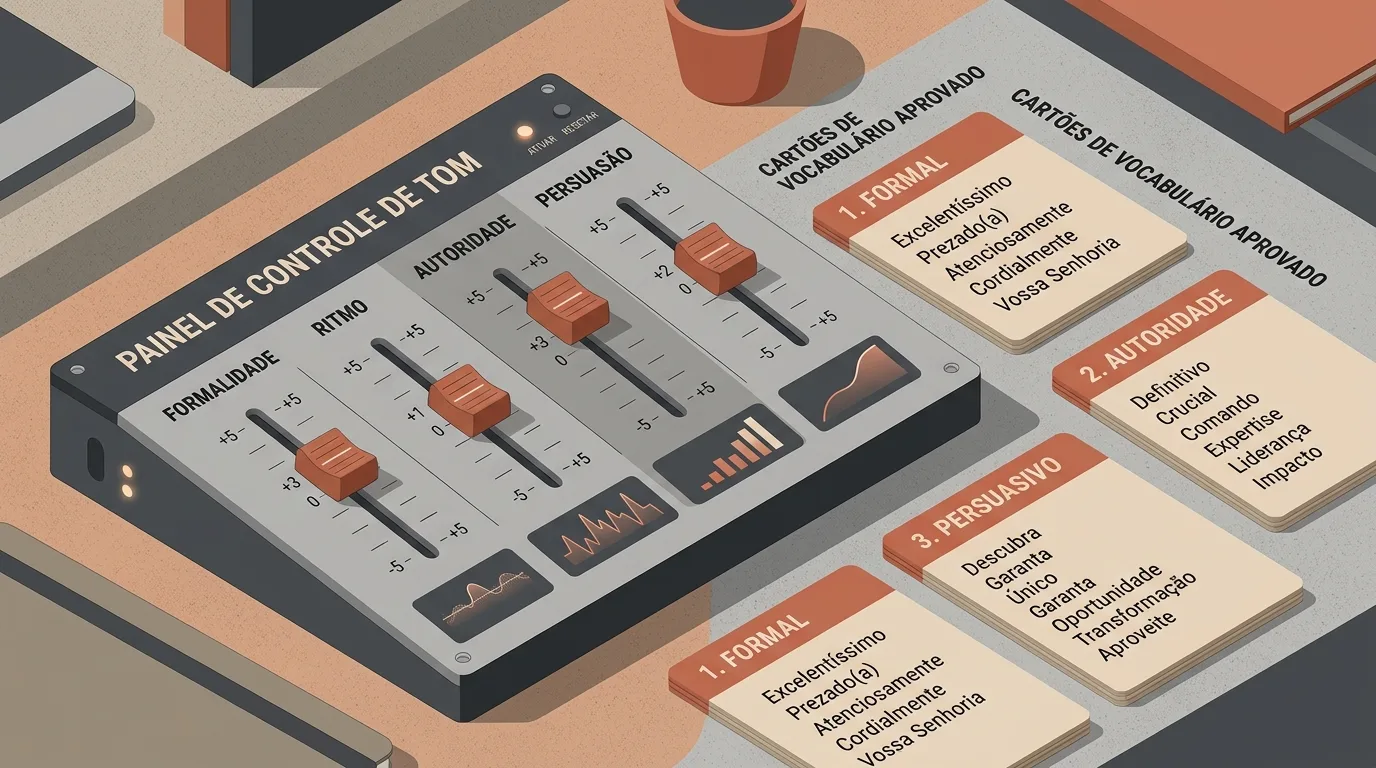 Ilustração isométrica de uma mesa de equalizador analógica intitulada "PAINEL DE CONTROLE DE TOM", usada como metáfora para ajuste de copywriting. O painel possui controles deslizantes para FORMALIDADE, RITMO, AUTORIDADE e PERSUASÃO. Ao lado, estão dispostos "CARTÕES DE VOCABULÁRIO APROVADO" com listas de palavras classificadas como Formais, de Autoridade e Persuasivas.
