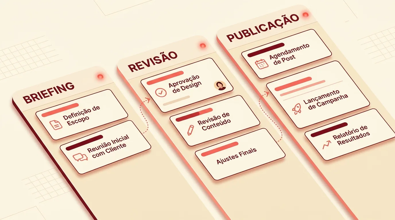 Ilustração gráfica em perspectiva de um quadro Kanban de fluxo de trabalho em tons creme e vermelho terracota. O quadro possui três colunas principais: "BRIEFING", contendo os cartões "Definição de Escopo" e "Reunião Inicial com Cliente"; "REVISÃO", com os cartões "Aprovação de Design", "Revisão de Conteúdo" e "Ajustes Finais"; e "PUBLICAÇÃO", reunindo os cartões "Agendamento de Post", "Lançamento de Campanha" e "Relatório de Resultados". Setas pontilhadas vermelhas indicam o avanço das etapas entre as colunas.