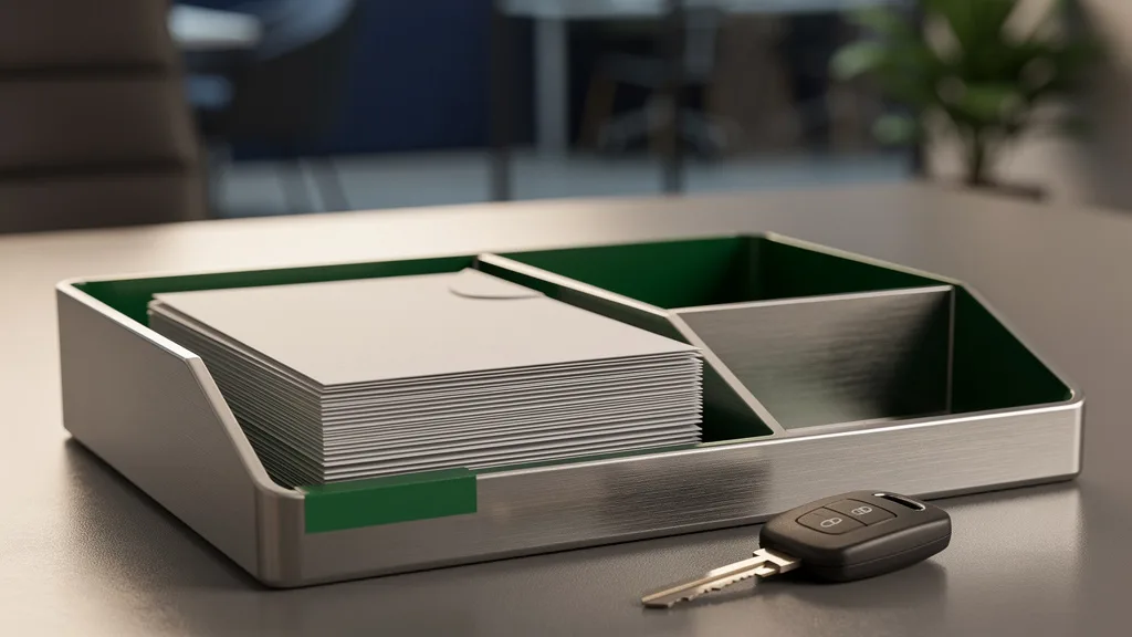 Envelopes fechados organizados em divisórias metálicas sob luz natural lateral