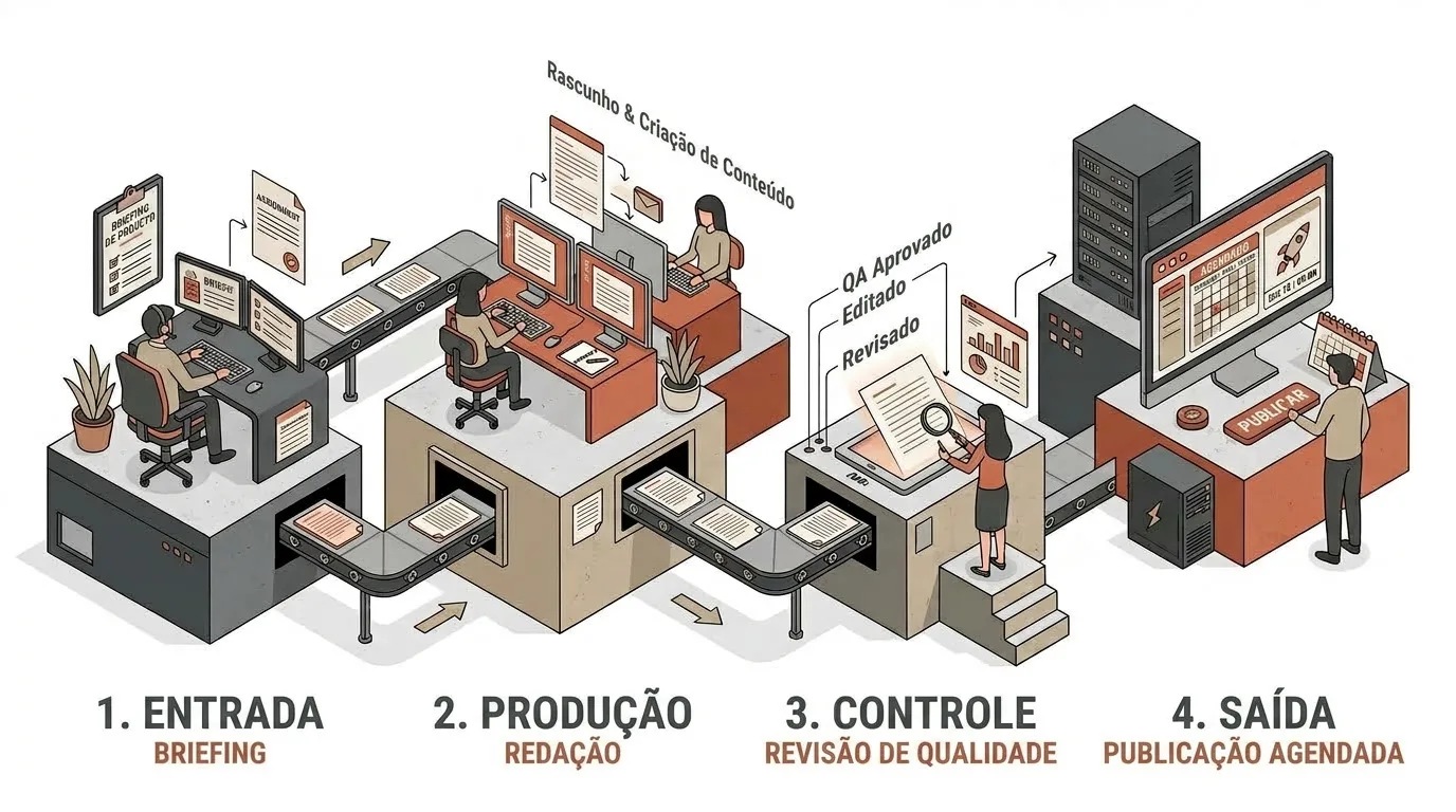 Fluxograma isométrico representando o pipeline editorial em quatro etapas conectadas por esteiras de produção: 1. ENTRADA - BRIEFING (recebimento e análise do briefing); 2. PRODUÇÃO - REDAÇÃO (criação de rascunhos e redação por profissionais em computadores); 3. CONTROLE - REVISÃO DE QUALIDADE (etapa de revisão com lupa, edição e aprovação de QA); 4. SAÍDA - PUBLICAÇÃO AGENDADA (agendamento no calendário e acionamento do botão "PUBLICAR").