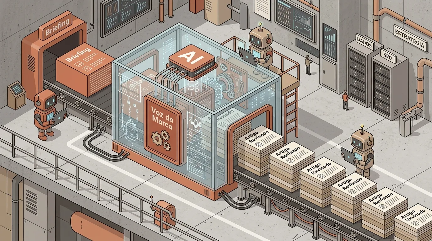Ilustração isométrica de uma fábrica de conteúdo automatizada por inteligência artificial. À esquerda, a esteira recebe blocos intitulados "Briefing" monitorados por um robô. O fluxo atravessa uma câmara de vidro central com um processador "AI" e engrenagens da "Voz da Marca", entregando à direita pilhas organizadas de "Artigo Revisado" ao lado de servidores marcados como "DADOS", "SEO" e "ESTRATÉGIA".