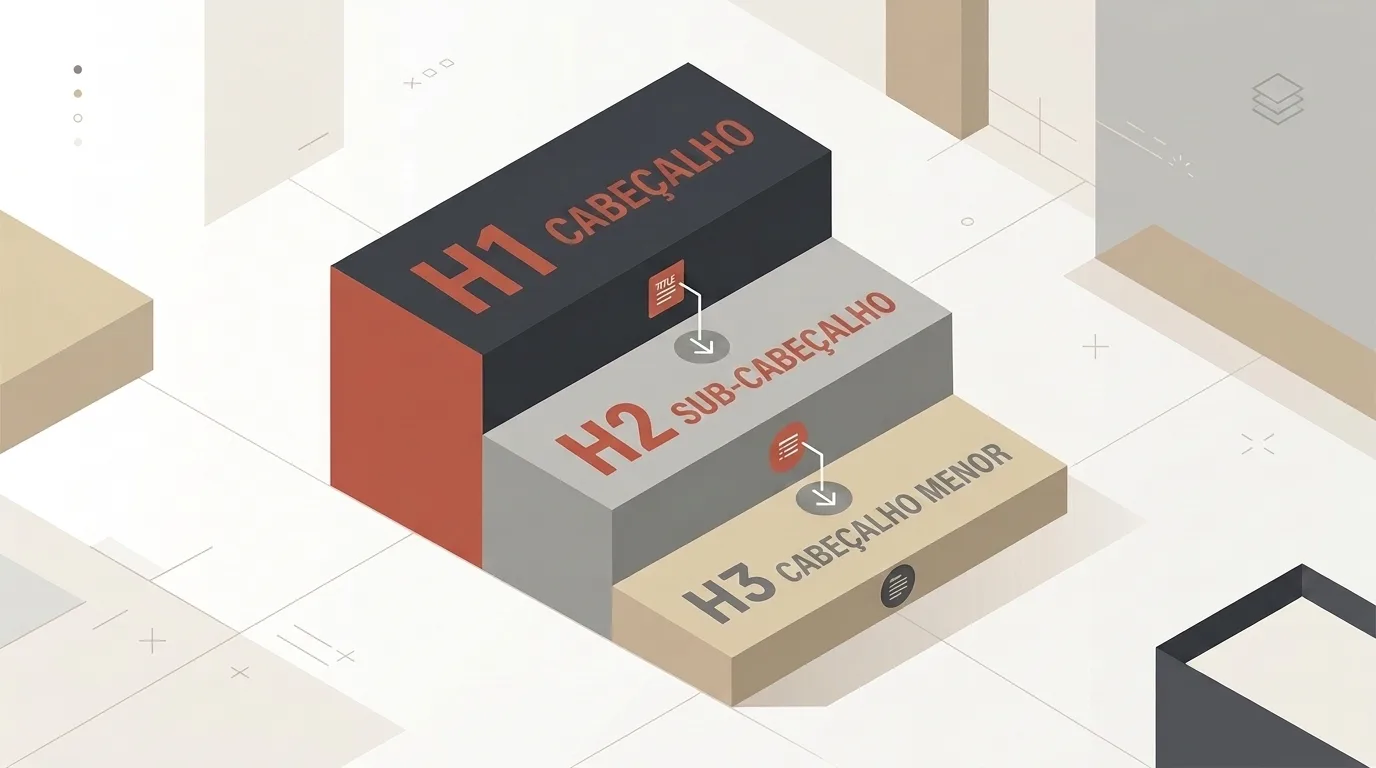 Ilustração vetorial isométrica em formato de escada de três degraus representando a hierarquia de marcação HTML. O degrau superior e mais alto (escuro) é rotulado como H1 CABEÇALHO; o degrau intermediário (cinza) indica H2 SUB-CABEÇALHO; e o degrau inferior (bege) é identificado como H3 CABEÇALHO MENOR. Setas e pequenos ícones de documento conectam a sequência de prioridade do texto.