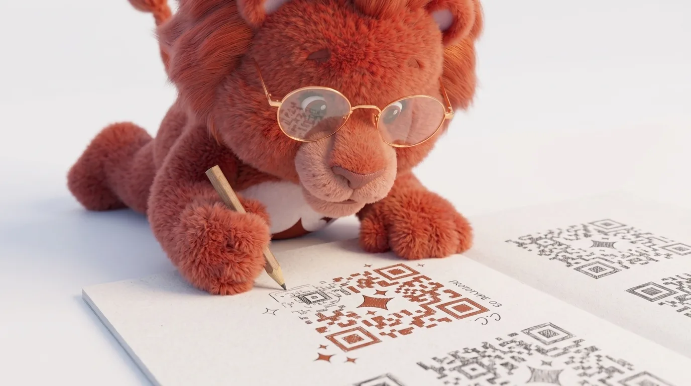 Ilustração 3D em plano fechado de um leão de pelúcia ruivo usando óculos redondos dourados, debruçado sobre um caderno de croquis. Ele segura um lápis de madeira com a pata e desenha com precisão um código QR estilizado em tom terracota com a legenda "PROTOTYPE 03". O caderno está aberto sobre uma superfície branca e limpa, exibindo outros rascunhos de QR codes nas páginas ao lado.