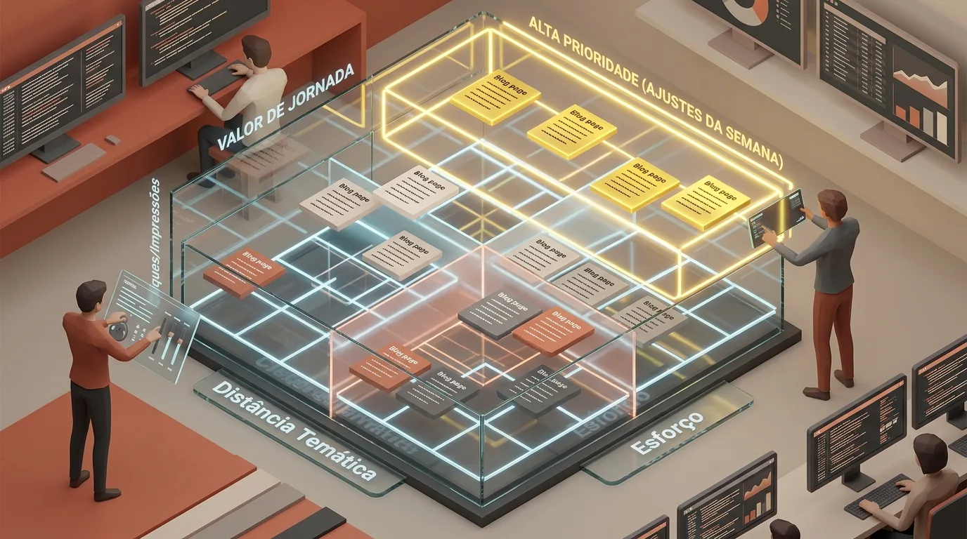 Ilustração isométrica em 3D de uma matriz tridimensional de priorização de SEO. Dois analistas operam painéis de controlo para organizar cartões de páginas de blogue numa grelha volumétrica dividida pelos eixos de "VALOR DE JORNADA", "Distância Temática" e "Esforço", destacando a secção superior luminosa com os ajustamentos de "ALTA PRIORIDADE (AJUSTES DA SEMANA)".
