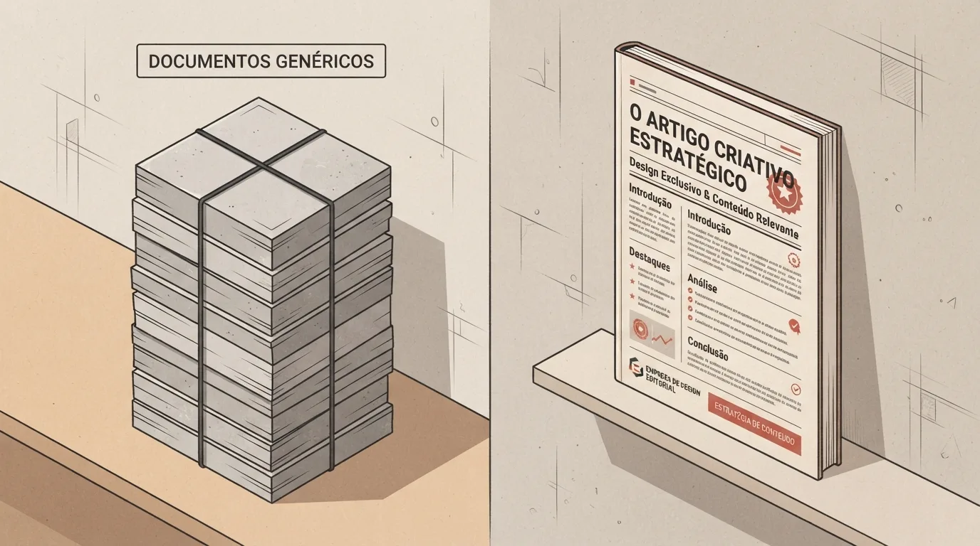 Ilustração vetorial comparativa dividida em dois painéis. À esquerda, sob a etiqueta "DOCUMENTOS GENÉRICOS", vê-se um bloco empilhado e amarrotado de papéis cinzas amarrados por cordas sobre uma prateleira. À direita, destaca-se uma publicação editorial estruturada e elegante intitulada "O ARTIGO CRIATIVO ESTRATÉGICO - Design Exclusivo & Conteúdo Relevante", apresentando seções organizadas em "Introdução", "Destaques", "Análise" e "Conclusão", finalizada com selos de aprovação e a tarja "ESTRATÉGIA DE CONTEÚDO".