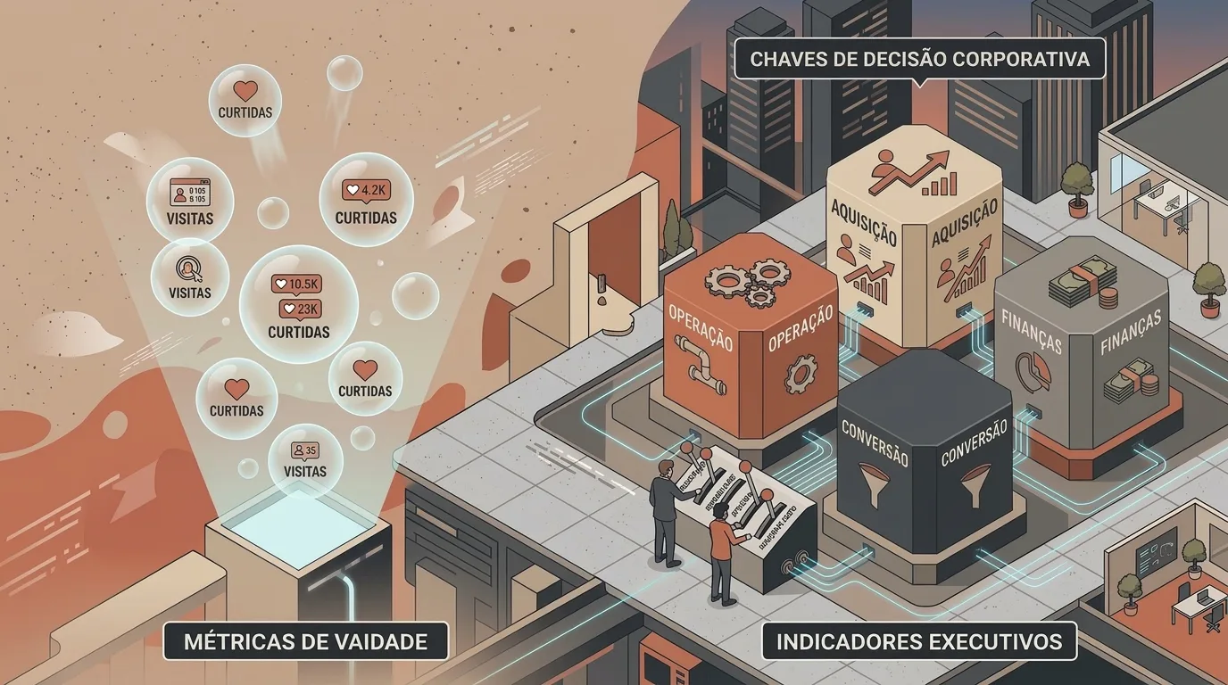 Ilustração isométrica dividida em duas perspetivas conceituais. À esquerda, a secção "MÉTRICAS DE VAIDADE" exibe bolhas flutuantes desorganizadas com ícones de redes sociais como "CURTIDAS" e "VISITAS". À direita, sob o título "INDICADORES EXECUTIVOS", analistas trabalham com relatórios conectados a blocos estruturados de "OPERAÇÃO", "AQUISIÇÃO", "FINANÇAS" e "CONVERSÃO" no âmbito das chaves de decisão corporativa.