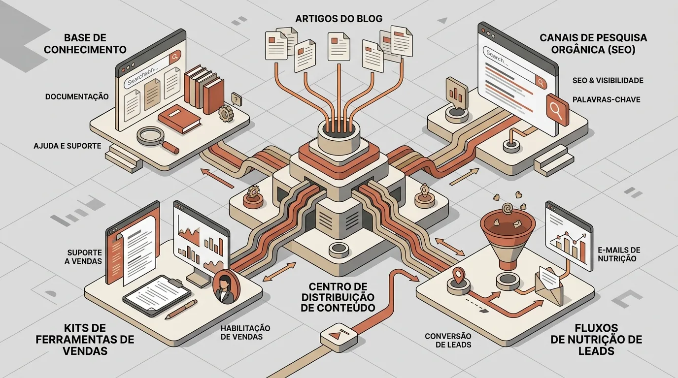 Ilustração isométrica de um "Centro de Distribuição de Conteúdo" no centro da cena, na paleta terracota, bege-poeira, cinza concreto e grafite. "Artigos do Blog" entram no hub central e são canalizados por conexões visuais para quatro áreas estratégicas: "Canais de Pesquisa Orgânica (SEO)", "Fluxos de Nutrição de Leads", "Habilitação de Vendas (Kits de Ferramentas)" e "Base de Conhecimento (Ajuda e Suporte)".