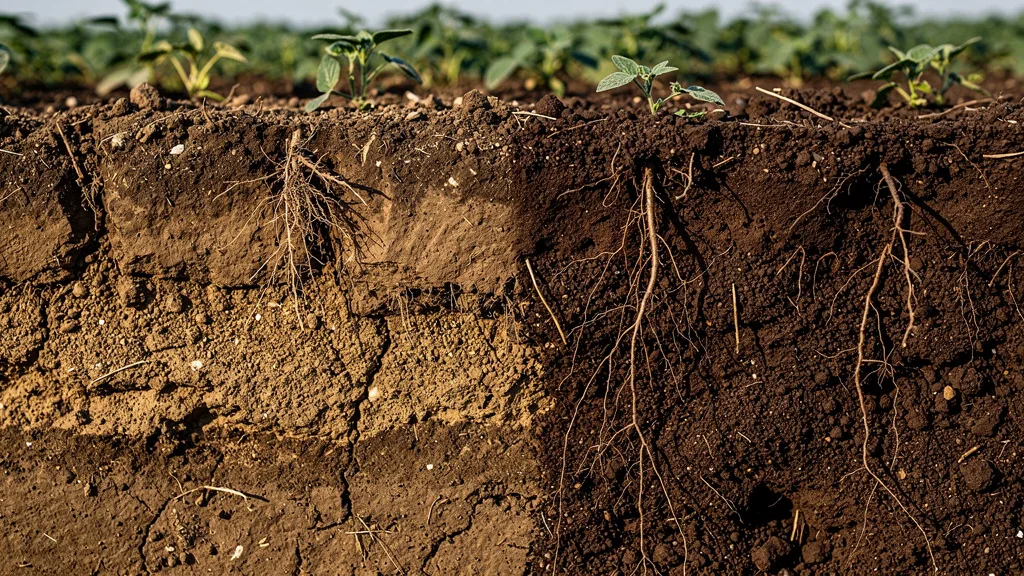 Solo compactado ao lado de raízes de soja em área agrícola