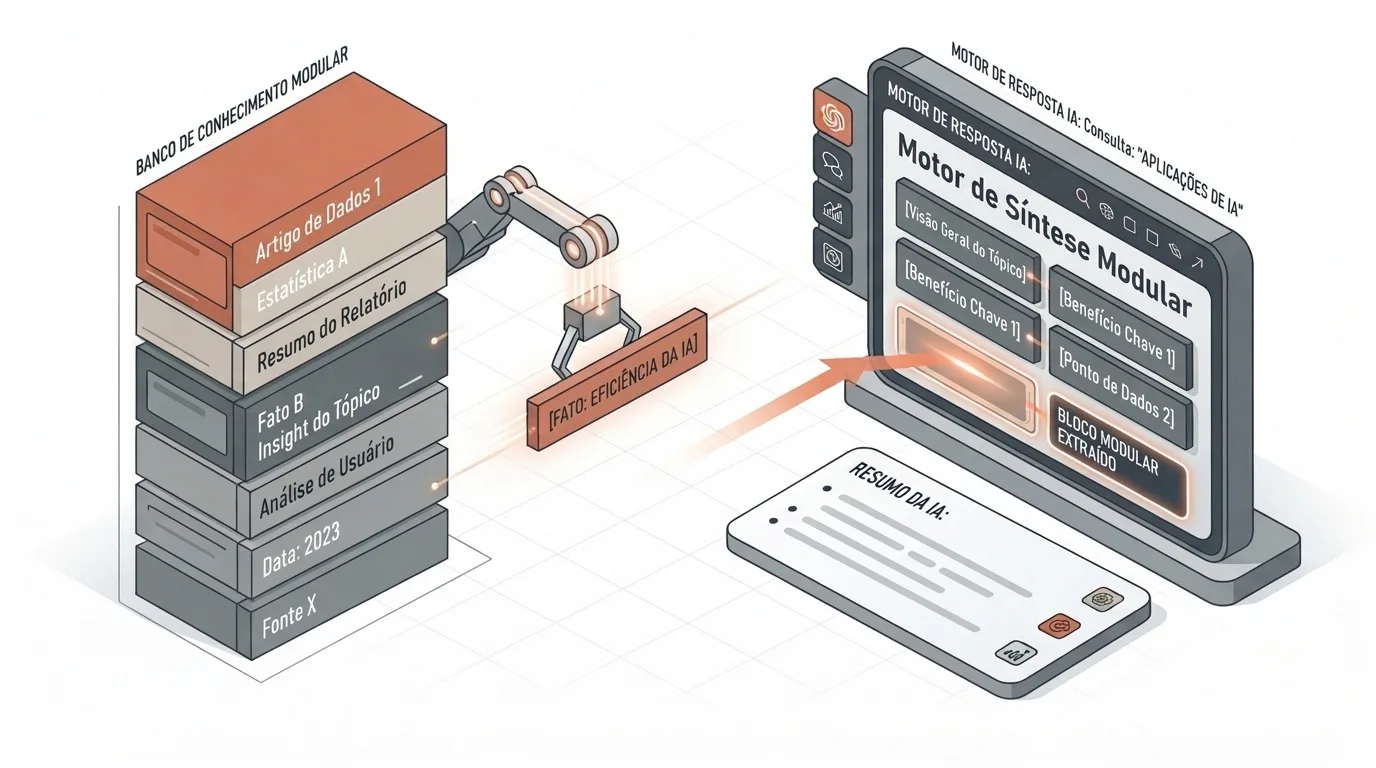 Diagrama isométrico conceitual demonstrando a extração de dados modulares para IA. À esquerda, a pilha "BANCO DE CONHECIMENTO MODULAR" armazena blocos de dados como estatísticas, resumos e fatos. Um braço robótico extrai o bloco "[FATO: EFICIÊNCIA DA IA]" e o transfere diretamente para o painel "Motor de Síntese Modular", que organiza o conteúdo e gera um "RESUMO DA IA" na tela de um tablet.