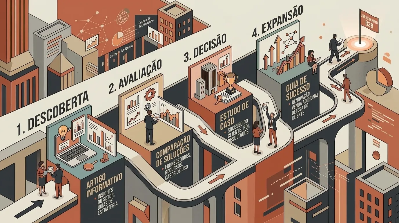 Ilustração isométrica em 3D a descrever as etapas do funil de vendas B2B ao longo de um percurso urbano. A jornada divide-se em quatro fases numeradas: 1. "DESCOBERTA" (com "ARTIGO INFORMATIVO"), 2. "AVALIAÇÃO" (com "COMPARAÇÃO DE SOLUÇÕES"), 3. "DECISÃO" (com "ESTUDO DE CASO") e 4. "EXPANSÃO" (com "GUIA DE SUCESSO"), culminando numa bandeira de "CRESCIMENTO B2B".