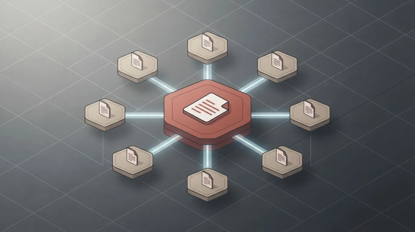 Ilustração vetorial isométrica sobre fundo quadriculado escuro representando uma arquitetura de conteúdo no modelo "hub and spoke" (núcleo e ramificações). No centro, destaca-se uma plataforma hexagonal maior em tom terracota com o ícone de um documento principal. Ao seu redor, dispostas em círculo, estão oito plataformas hexagonais menores em tom bege, cada uma contendo um ícone de documento secundário conectado ao núcleo central por feixes luminosos cianos.