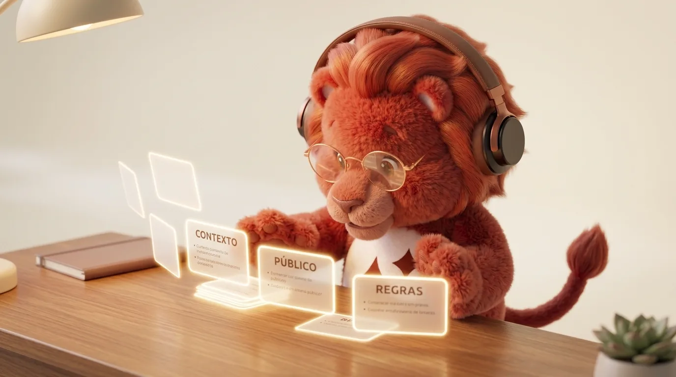 Ilustração 3D de um simpático leão de pelúcia ruivo vestindo fones de ouvido pretos e óculos redondos de grau, sentado em uma mesa de escritório de madeira. Ele interage com cartões holográficos luminosos que flutuam sobre a mesa. Três cartões estão em destaque com os títulos em maiúsculas: "CONTEXTO", "PÚBLICO" e "REGRAS", acompanhados de tópicos explicativos. O ambiente é acolhedor, iluminado por uma luminária de mesa à esquerda e decorado com um vaso de suculenta à direita.