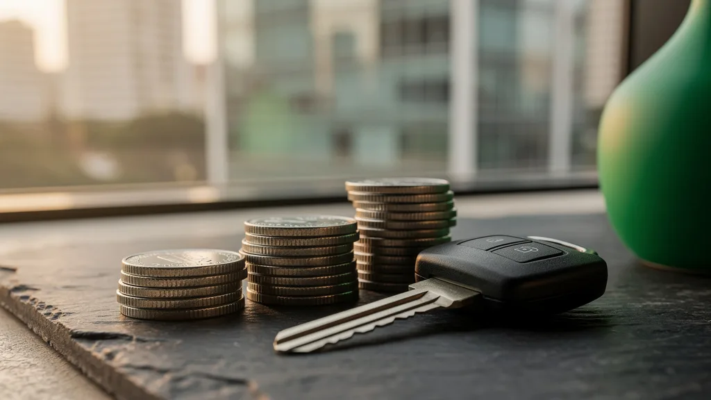 Moedas metálicas empilhadas ao lado de chave automotiva sobre pedra escura