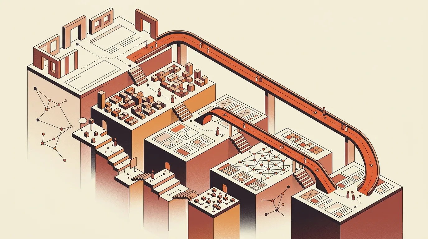 Ilustração isométrica em tons terrosos representando a arquitetura de um site em blocos e plataformas conectadas por escadas, com pequenas figuras percorrendo caminhos entre wireframes e uma passarela curva elevada.