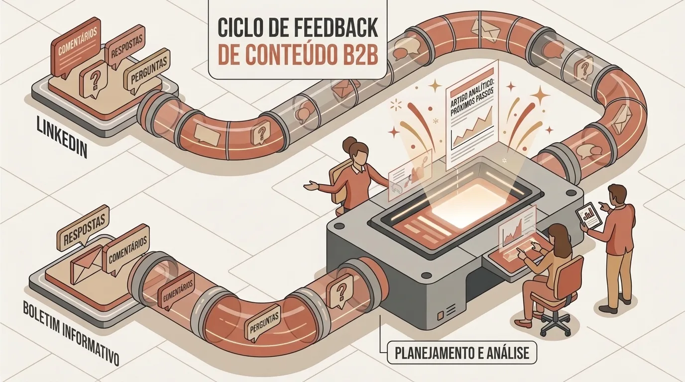 Ilustração isométrica do "CICLO DE FEEDBACK DE CONTEÚDO B2B". Canais como "LINKEDIN" e "BOLETIM INFORMATIVO" enviam comentários, respostas e perguntas através de tubos de fluxo até uma estação central de "PLANEJAMENTO E ANÁLISE". Na estação, analistas processam as reações do público para publicar um novo "ARTIGO ANALÍTICO: PRÓXIMOS PASSOS".