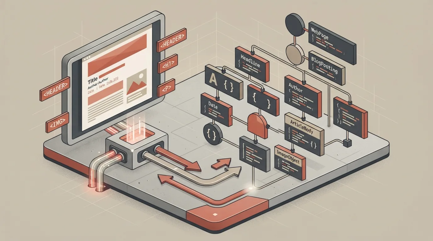 Diagrama vetorial isométrico ilustrando a conversão de um layout web para estrutura de dados semânticos. À esquerda, um tablet exibe uma página web marcada com etiquetas HTML como <HEADER>, <H1>, <P> e <IMG>. Conduites luminosos direcionam as informações para um mapa de esquema à direita, organizado em nós como WebPage, BlogPosting, Headline, Author, ArticleBody e ImageObject.