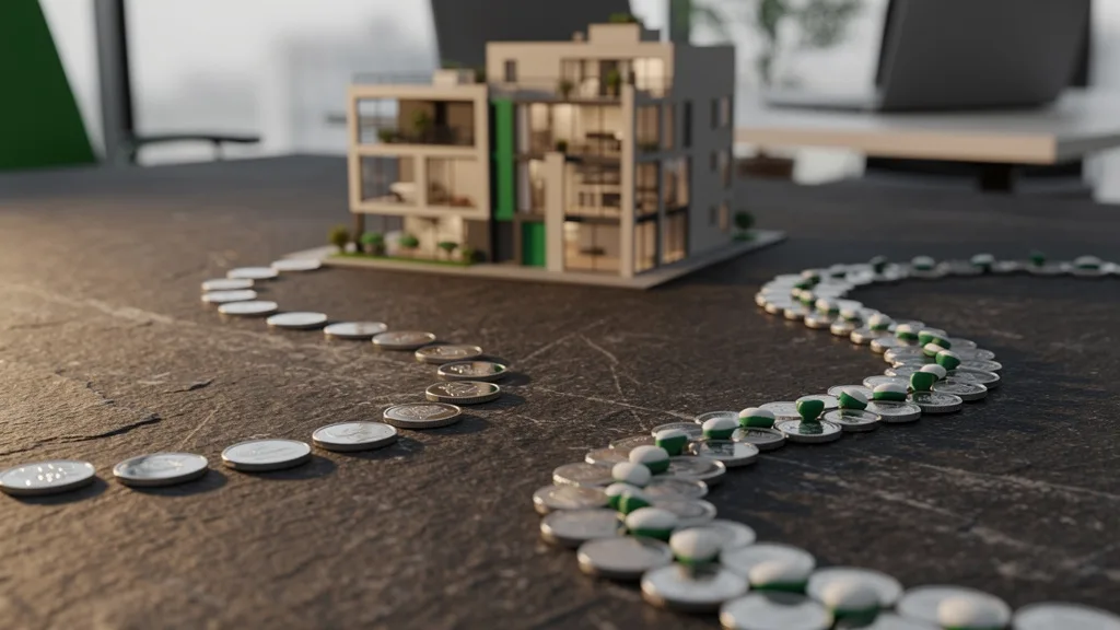 Duas fileiras de peças sem marca convergindo para maquete de apartamento moderno
