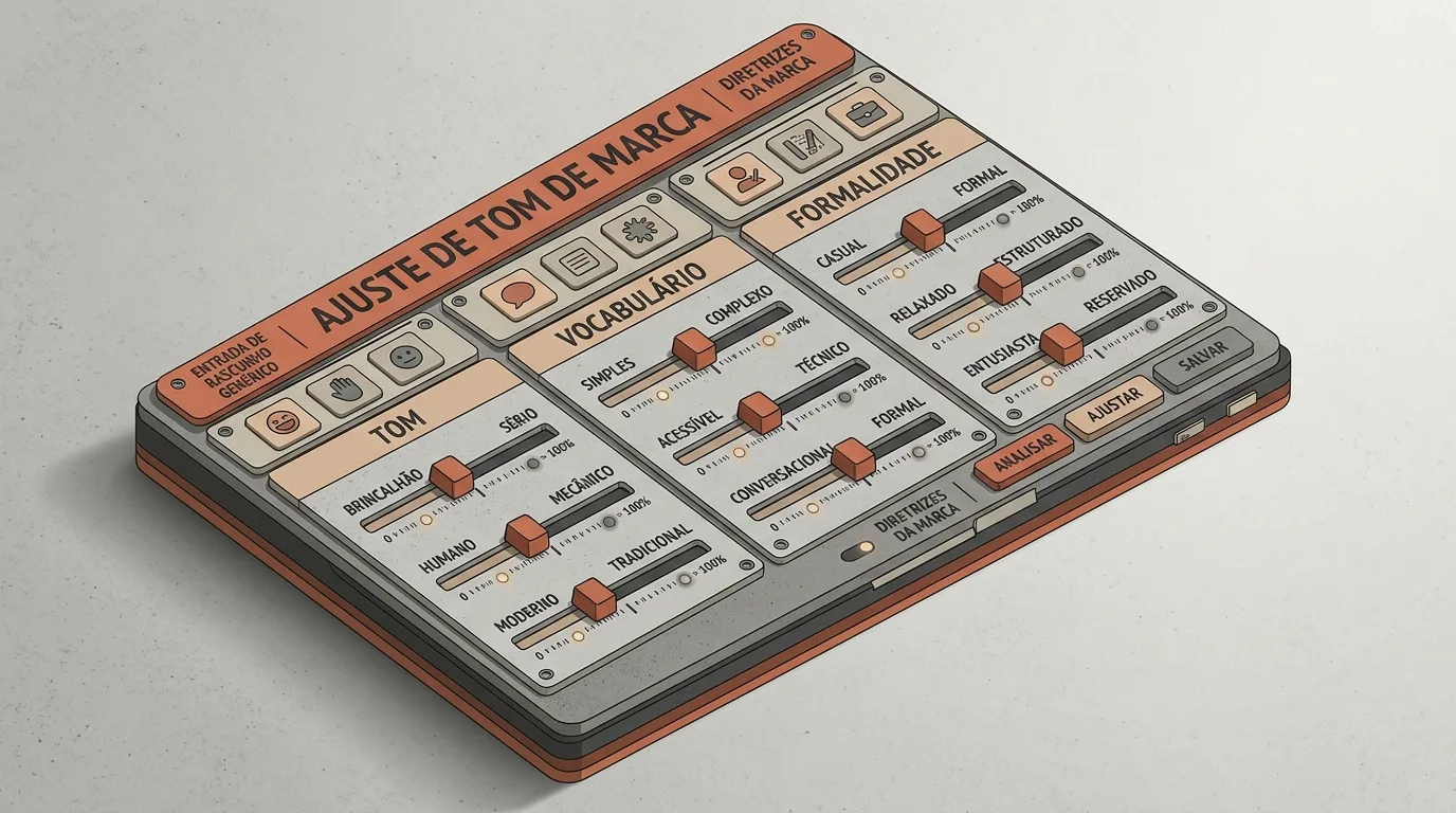 Ilustração isométrica de um painel de controle analógico para redação, intitulado "AJUSTE DE TOM DE MARCA". A mesa de som possui seletores deslizantes distribuídos nas seções TOM (Brincaihão/Sério, Humano/Mecânico, Moderno/Tradicional), VOCABULÁRIO (Simples/Complexo, Acessível/Técnico, Conversacional/Formal) e FORMALIDADE (Casual/Formal, Relaxado/Estruturado, Entusiasta/Reservado), finalizados pelos botões "ANALISAR", "AJUSTAR" e "SALVAR".