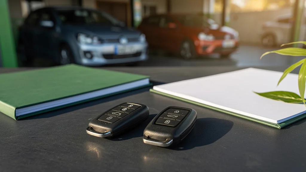 Duas chaves automotivas ao lado de pastas fechadas, com carros desfocados ao fundo
