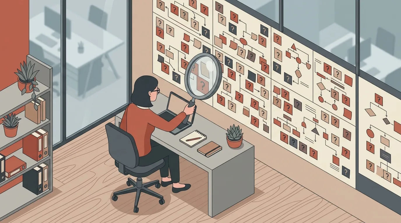 Ilustração vetorial isométrica de uma analista de óculos sentada em sua mesa de escritório, utilizando uma grande lupa para examinar um painel de vidro repleto de fluxogramas e papéis adesivos com pontos de interrogação. Ao lado da estação de trabalho, há uma estante com pastas de arquivos e vasos de plantas.