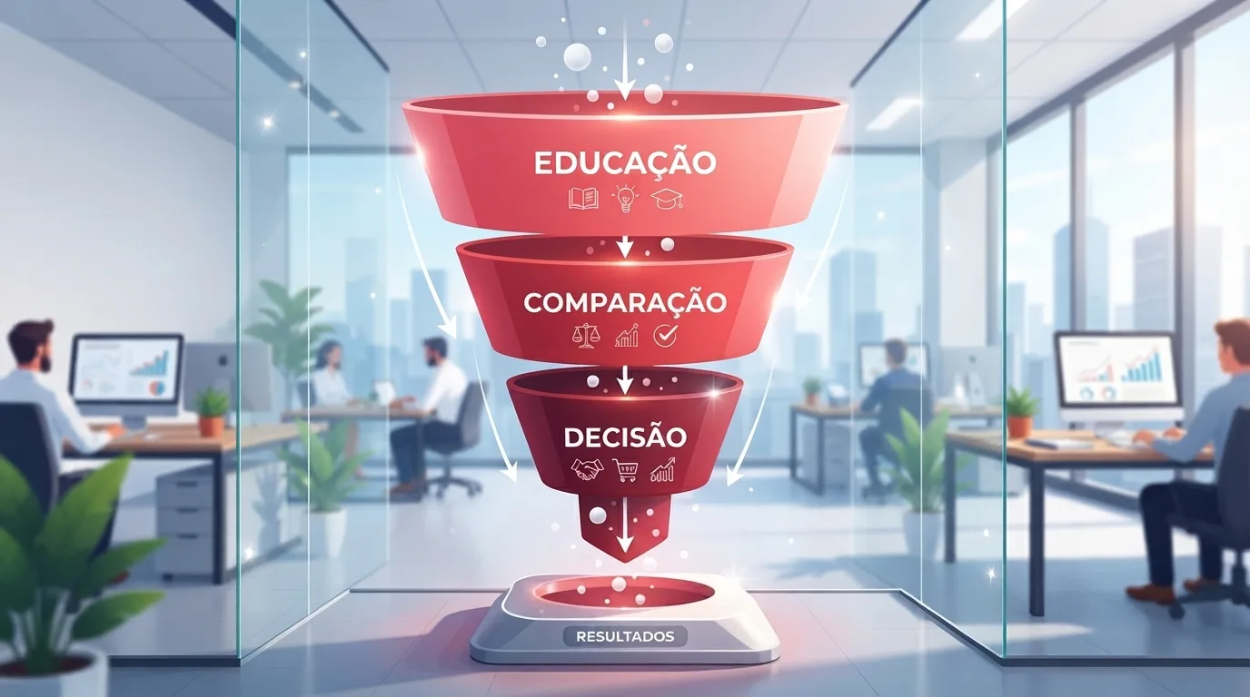 Ilustração 3D de um funil de marketing e vendas dividido em três níveis vermelhos, flutuando no centro de um escritório corporativo de vidro. O topo largo exibe a etapa "EDUCAÇÃO" acompanhada de ícones de livro, lâmpada e capelo; o meio exibe "COMPARAÇÃO" com ícones de balança, gráfico de barras e checagem; e a base afunilada exibe "DECISÃO" com ícones de aperto de mão, carrinho de compras e crescimento. Pequenas esferas caem pelo funil até a bandeja inferior com o rótulo "RESULTADOS".
