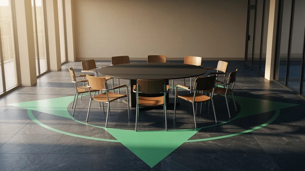 Sala vazia com cadeiras em círculo e sombras longas sobre piso escuro