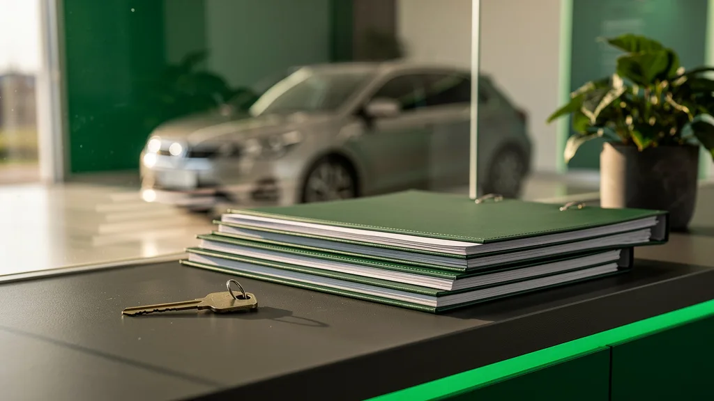 Chave de carro ao lado de pastas fechadas em balcão de atendimento, com veículo desfocado ao fundo