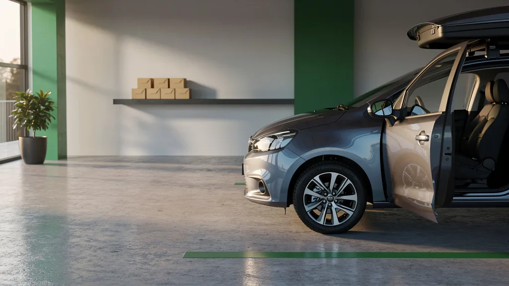 Carro compacto em salão de entrega, com envelopes fechados desfocados sobre um balcão ao fundo