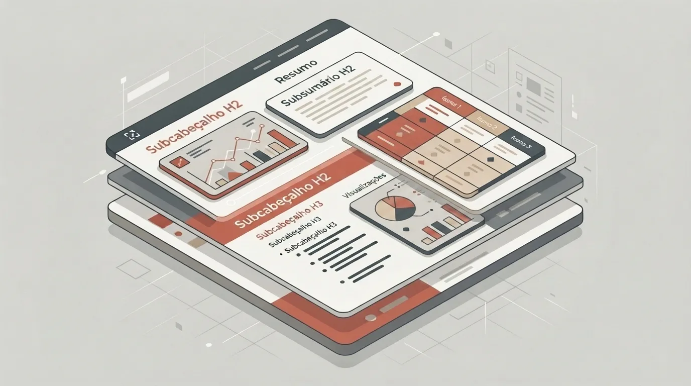 Ilustração vetorial isométrica de uma página web dividida em camadas transparentes e sobrepostas que exemplificam a arquitetura da informação. A camada superior apresenta seções para Resumo e Subcabeçalho H2 com widgets de gráficos de desempenho. A camada intermediária exibe marcações para Subcabeçalho H3, listas com marcadores (bullets), gráfico de pizza e uma tabela de dados, sobrepostos à base do layout em tons de terracota, bege e cinza.