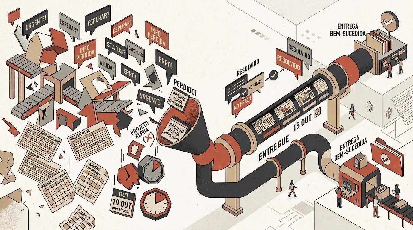 Ilustração vetorial isométrica representando a transformação de um fluxo de trabalho caótico em um processo organizado. À esquerda, máquinas quebradas, relógios em atraso e documentos desordenados cercam balões de fala com alertas como "URGENTE!", "INFO. PERDIDA" e "ERRO!". No centro, um funil direciona os projetos para um duto transparente de processamento que exibe etapas organizadas com etiquetas de "RESOLVIDO" e "NO PRAZO", culminando à direita na saída de caixas e arquivos com o selo de "ENTREGA BEM-SUCEDIDA".
