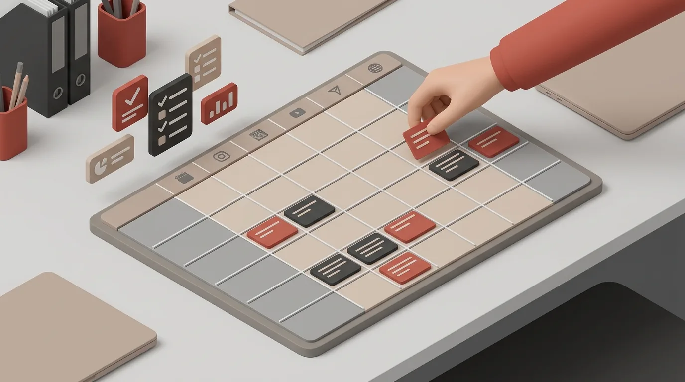 Ilustração 3D minimalista em vista superior de uma mão estilizada posicionando um bloco de conteúdo terracota em um calendário editorial sobre a mesa. O painel em grade possui ícones de canais digitais na parte superior e blocos organizados em diferentes posições. Ao lado esquerdo, flutuam cartões interativos com listas de checagem (checklists) e gráficos de desempenho, acompanhados por organizadores de escritório ao redor.
