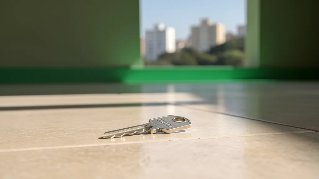 chave metálica sobre piso de apartamento vazio com luz e sombra projetadas