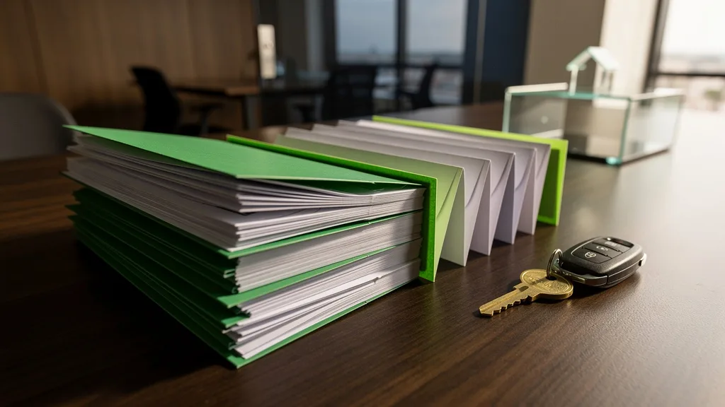 Pastas fechadas e envelopes selados em duas fileiras, com chave de casa e chave de carro