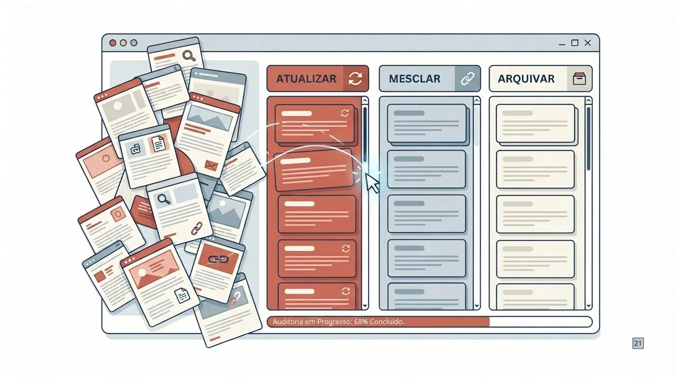 Ilustração vetorial de uma interface de software para auditoria de conteúdo. À esquerda, observa-se uma pilha desorganizada de cartões de documentos com ícones de texto, imagem, lupa e links. À direita, os cartões são organizados em três colunas estruturadas: "ATUALIZAR" (em tom terracota com um cursor arrastando os cartões), "MESCLAR" (em tom cinza-azul) e "ARQUIVAR" (em tom creme). Na base da janela, uma barra de progresso indica "Auditoria em Progresso: 68% Concluído.".
