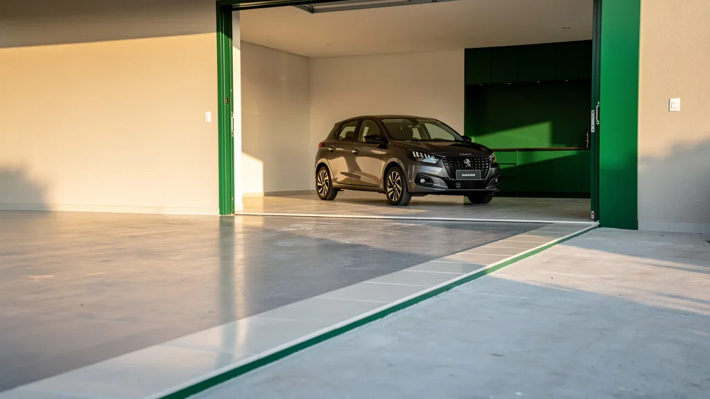 Garagem vazia aberta para sala moderna, carro compacto ao fundo e piso de transição claro