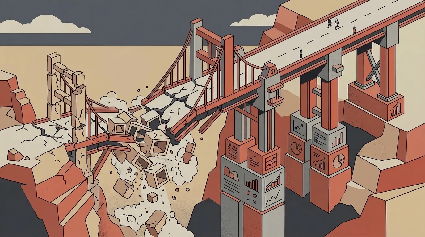 Ilustração vetorial isométrica de uma ponte sobre um desfiladeiro dividida em dois cenários: à esquerda, pilares fracos e rachados colapsam derrubando trechos da pista; à direita, a travessia permanece firme e segura para pedestres, sustentada por pilares estruturais robustos preenchidos com relatórios e gráficos de dados analíticos.