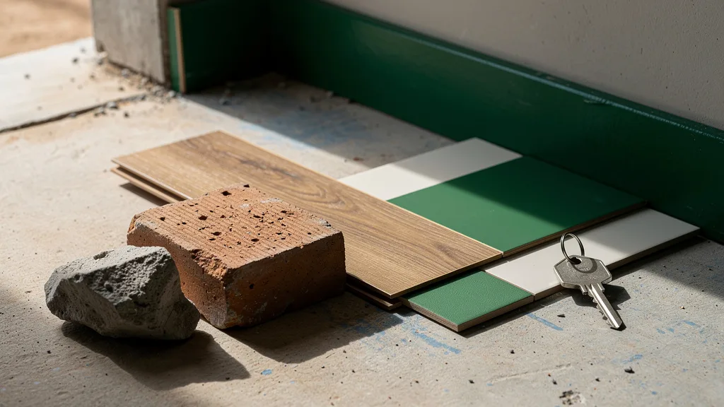 Materiais de construção sobre piso de concreto, com azulejos, tijolo e chave metálica em luz lateral
