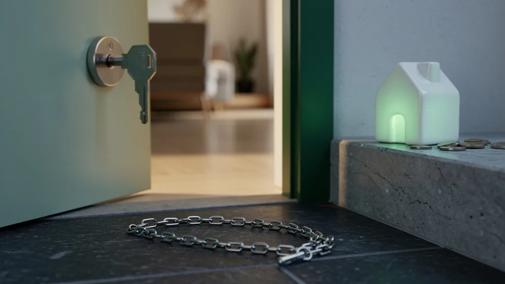 Entrada de apartamento com chave na fechadura, corrente solta e pequena casa cerâmica