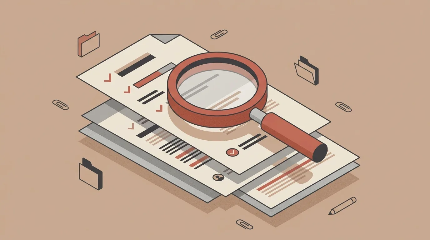 Ilustração vetorial isométrica em tom bege de uma grande lupa com cabo terracota inspecionando uma pilha de relatórios impressos. Os documentos sobrepostos apresentam linhas de texto e marcas circular de verificação (checkmarks). Ao redor da pilha, flutuam ícones de pastas de arquivos, clipes de papel e um lápis.