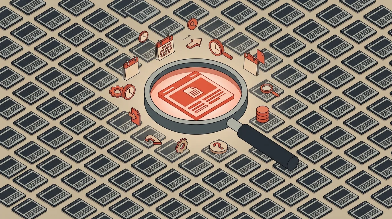Ilustração vetorial isométrica exibindo uma grande lupa com cabo escuro inspecionando uma página web em destaque vermelho no centro de um padrão composto por dezenas de miniaturas de páginas organizadas em grade. Ao redor da lupa, flutuam pequenos ícones de relógios, calendários, engrenagens, banco de dados e pontos de interrogação.