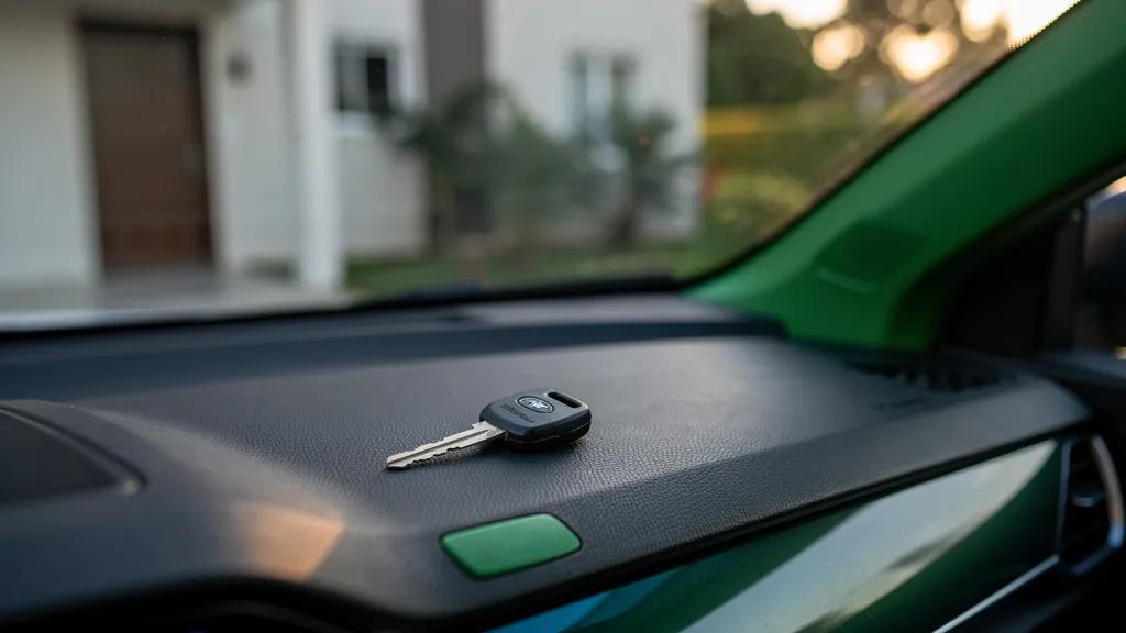 Chave de carro sobre console escuro diante de uma entrada residencial iluminada