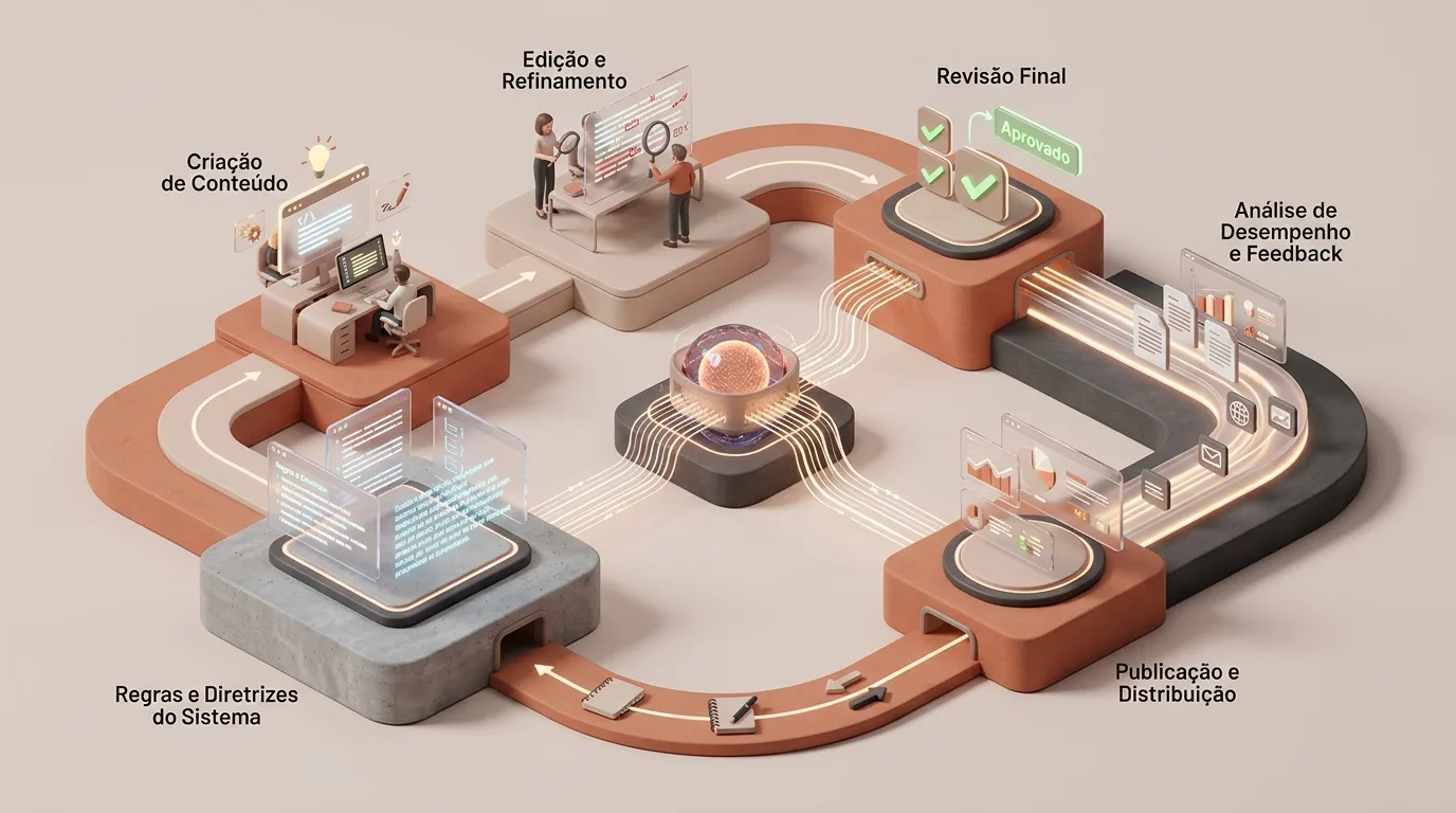 Ilustração isométrica de um circuito contínuo de aprendizagem e otimização editorial. O fluxo em loop conecta seis estações ao redor de um núcleo de processamento central: "Regras e Diretrizes do Sistema", "Criação de Conteúdo", "Edição e Refinamento", "Revisão Final" (com o carimbo verde "Aprovado"), "Análise de Desempenho e Feedback" e "Publicação e Distribuição".