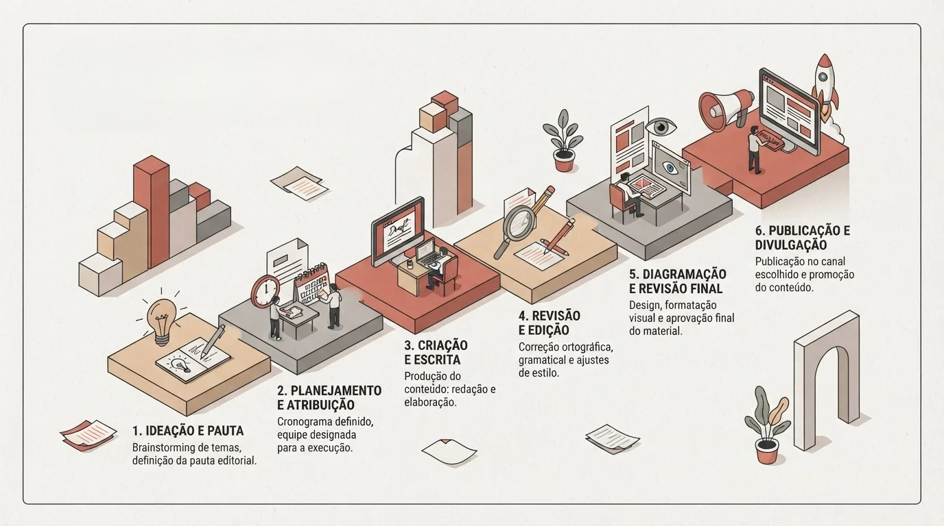 Infográfico vetorial isométrico apresentando o fluxo de trabalho editorial organizado em seis etapas sequenciais sobre plataformas elevadas:  1. IDEAÇÃO E PAUTA: "Brainstorming de temas, definição da pauta editorial." (ilustrado por uma lâmpada e bloco de anotações).  2. PLANEJAMENTO E ATRIBUIÇÃO: "Cronograma definido, equipe designada para a execução." (ilustrado por relógio e calendário de tarefas).  3. CRIAÇÃO E ESCRITA: "Produção do conteúdo: redação e elaboração." (ilustrado por uma pessoa trabalhando ao notebook).  4. REVISÃO E EDIÇÃO: "Correção ortográfica, gramatical e ajustes de estilo." (ilustrado por uma lupa e caneta sobre papel).  5. DIAGRAMAÇÃO E REVISÃO FINAL: "Design, formatação visual e aprovação final do material." (ilustrado por um profissional revisando a diagramação em uma tela).  6. PUBLICAÇÃO E DIVULGAÇÃO: "Publicação no canal escolhido e promoção do conteúdo." (ilustrado por megafone, tela e um foguete em decolagem).