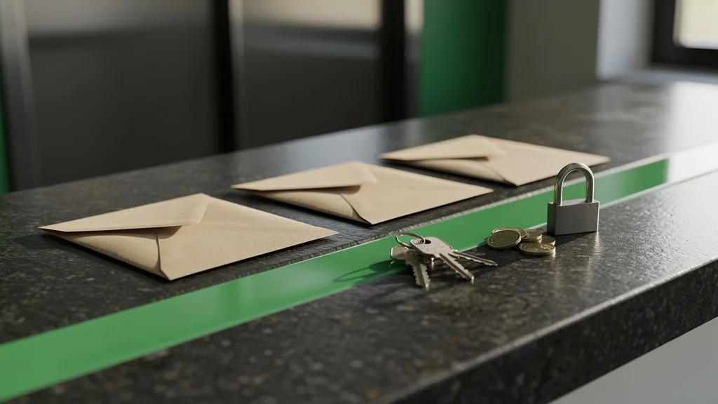 Envelopes lacrados, chaves metálicas e moedas organizados sobre balcão escuro