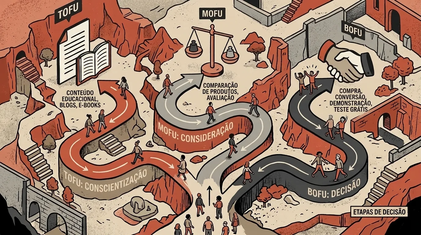 Ilustração vetorial em formato de mapa tridimensional retratando a jornada do cliente pelas três etapas do funil de marketing: TOFU (Conscientização): caminho vermelho com pessoas caminhando entre ícones de livros e a legenda "CONTEÚDO EDUCACIONAL, BLOGS, E-BOOKS". MOFU (Consideração): caminho cinza acompanhado do ícone de uma balança e da legenda "COMPARAÇÃO DE PRODUTOS, AVALIAÇÃO". BOFU (Decisão): caminho escuro que leva ao ícone de um aperto de mãos e à legenda "COMPRA, CONVERSÃO, DEMONSTRAÇÃO, TESTE GRÁTIS".